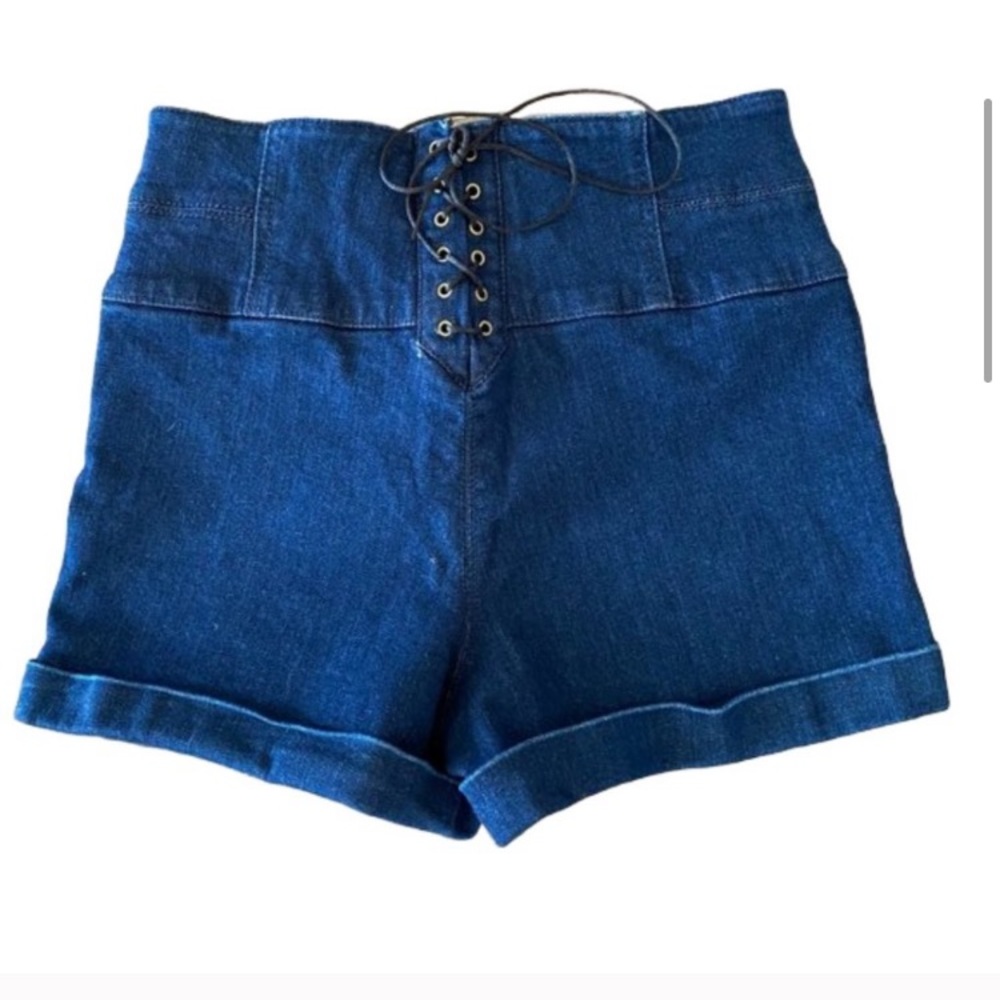 BEBE High Waisted Denim Shorts w/ Lace Up Back